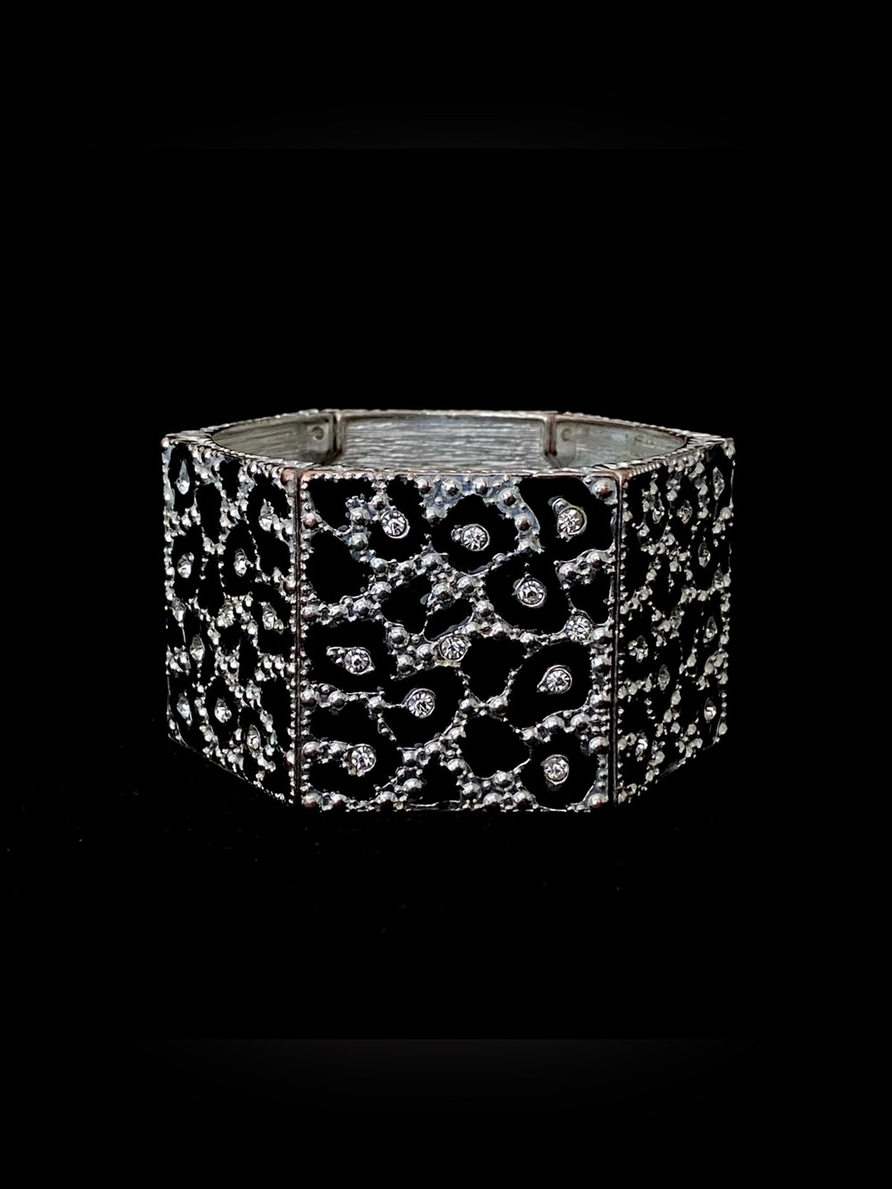 Black and Silver-Tone Leopard Print Stretch Cuff Bracelet